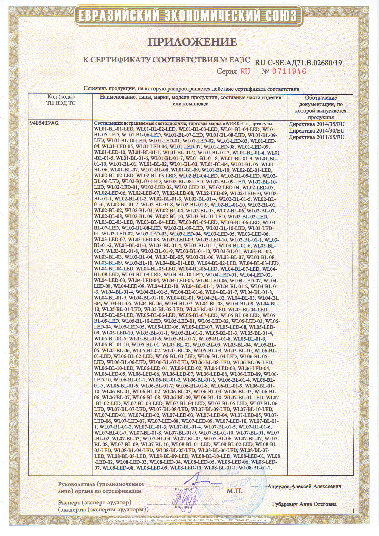 Сертификат Werkel 191107-011 (подсветка). Приложение 1